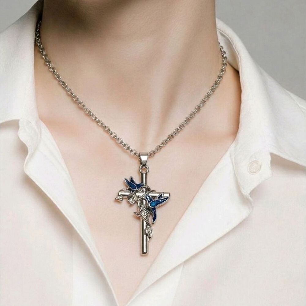 Blue Hummingbird Cross Necklace Silver Christian Faith Memorial Hope Luck Gift
